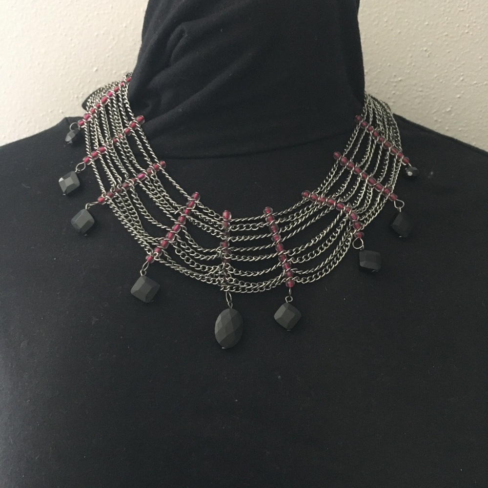 Multi-Row Gunmetal Chain Necklace with Black and Dark Pink Beads